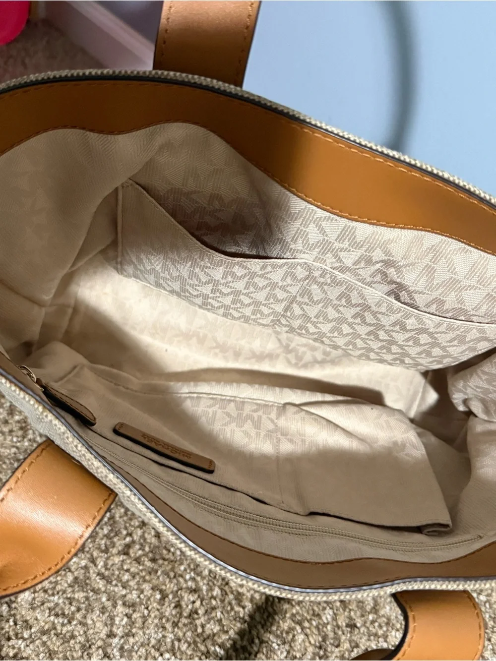 Michael Kors Beige Canvas Tote with Tan Leather Trim